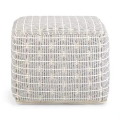 SIMPLIHOME Noreen Square Pouf, Footstool, Upholstered In Light Blue And White Cotton Handloom Woven Pattern, For The Living Room, Bedroom And Kids Room, Transitional,