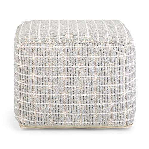 SIMPLIHOME Noreen Square Pouf, Footstool, Upholstered In Light Blue And White Cotton Handloom Woven Pattern, For The Living Room, Bedroom And Kids Room, Transitional, 1 SIMPLIHOME Noreen Square Pouf, Footstool, Upholstered In Light Blue And White Cotton Handloom Woven Pattern, For The Living Room, Bedroom And Kids Room, Transitional,