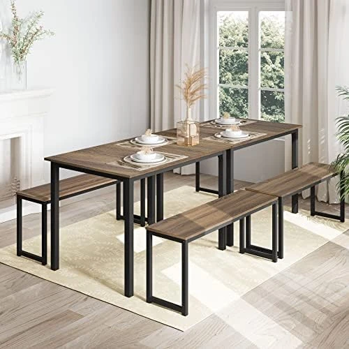 HOMOOI Dining Table Set For 4, 3 Pieces Kitchen Table With 2 Benches, Modern Wood Grains Table And Chairs Dinette Set For Home Kitchen, Dining Room, Restaurant, Industrial Brown 9 HOMOOI Dining Table Set For 4, 3 Pieces Kitchen Table With 2 Benches, Modern Wood Grains Table And Chairs Dinette Set For Home Kitchen, Dining Room, Restaurant, Industrial Brown - Image 9