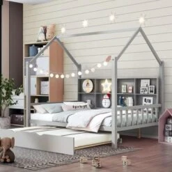 DEINPPA Twin Size House Bed With Bookcase Headboard, Wooden House Bed Frame With Fence Guardrails And Drawers, No Box Spring Needed, For Kids Toddler-Grey 23 DEINPPA Twin Size House Bed With Bookcase Headboard, Wooden House Bed Frame With Fence Guardrails And Drawers, No Box Spring Needed, For Kids Toddler-Grey -Best Furniture Store 51lgV82W8FL. AC