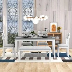 YUNLife 6 Piece Kitchen And Dining Furniture Set, Marble Veneer Table And 4 Flannelette Upholstered Chairs & Bench For Living Room, Breakfast Nook, Dinette, White+Blue -Best Furniture Store 51ltS93FlLL. AC