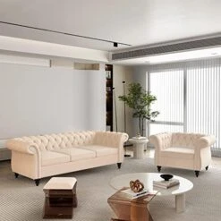 2 Piece Living Room Set, Velvet Chesterfield Sofa Loveseat Couch With Scroll Arms And Nailhead For Living Room, Office (Grey) -Best Furniture Store 51m9NDth1L. AC