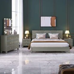 Bedroom Sets, 5 Pieces Bedroom Sets, Wood Bedroom Sets With Queen Platform Bed, Nightstand*2, Dresser & Mirror, Champagne Silver -Best Furniture Store 51mJELJ3tfL. AC 1