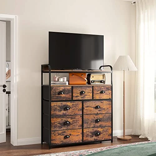 Dresser For Bedroom With 9 Drawers, Tall Dressers For Bedroom With Shelves Dressers & Chests Of Drawers Fabric Storage Drawer Units For Bedroom, Closet, Rustic Brown 2 Dresser For Bedroom With 9 Drawers, Tall Dressers For Bedroom With Shelves Dressers & Chests Of Drawers Fabric Storage Drawer Units For Bedroom, Closet, Rustic Brown - Image 2