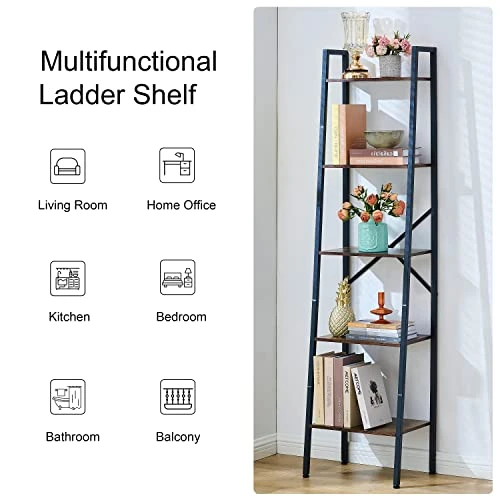 Hoctieon Industrial Ladder Bookshelf, Multifunctional Ladder Shelf, 5-Tier Tall Bookshelf, Open Ladder Shelf Bookcase, For Living Room, Home Office, Kitchen, Bedroom, Metal Frame, Rustic Brown 4 Hoctieon Industrial Ladder Bookshelf, Multifunctional Ladder Shelf, 5-Tier Tall Bookshelf, Open Ladder Shelf Bookcase, For Living Room, Home Office, Kitchen, Bedroom, Metal Frame, Rustic Brown - Image 4