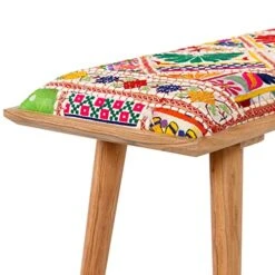 Colorful Embroidered Bohemian Bench 18" H X 45" W 15" D Blue Cream Green Geometric Eclectic Transitional Pattern Wood Finish Handmade -Best Furniture Store 51morgJmYOL