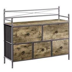 Dresser For Bedroom With 5 Drawers, Storage Organizer Unit Wide Chest For Closet, Clothes, Bedside, Living Room, Metal Frame & Wooden Top & Fabric, Grey