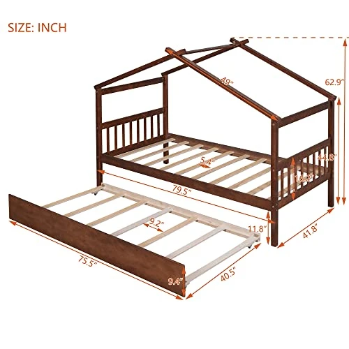 JIVOIT Twin Size House Platform Bed With Twin Size Trundle, Wooden House Bed Daybed With Roof Design And 2 Headboards, House-Shaped Canopy Bed For Kids Teens Boys Girls (Walnut-Twin-Trundle 011) 2 JIVOIT Twin Size House Platform Bed With Twin Size Trundle, Wooden House Bed Daybed With Roof Design And 2 Headboards, House-Shaped Canopy Bed For Kids Teens Boys Girls (Walnut-Twin-Trundle 011) - Image 2