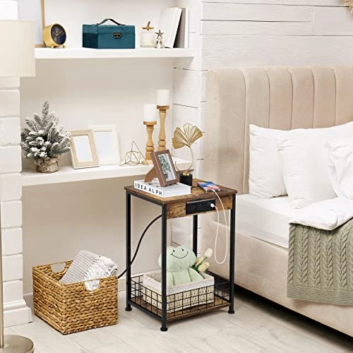 Smusei Nightstand Set Of 2 Bedroom Small End Table With Charging Station For Small Spaces 2 Tier Farmhouse Night Stands Bedside Tables With Storage Basket For Living Room 2 Smusei Nightstand Set Of 2 Bedroom Small End Table With Charging Station For Small Spaces 2 Tier Farmhouse Night Stands Bedside Tables With Storage Basket For Living Room - Image 2