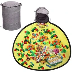 YUTBES Toy Organizers And Storage And Game Pad, Large Toy Basket Toy Brick Quick Storage Bag, Washable Drawstring Game Pad, Foldable Canvas Basket Toys For, Children Over 3 Years Old Can Be Use-Grey