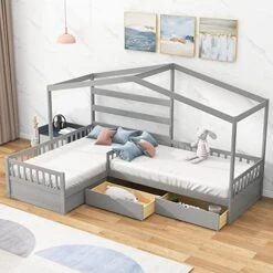 House Bed Double Twin Beds, Wood L-Shaped 2 Twin Platform Beds With Storage Drawers,Montessori Bed With Roof ,Fence And Slatted Design, Corner Playhouse Bed Frame For Kids Girls Boys ,White -Best Furniture Store 51nVG ddsXL. AC
