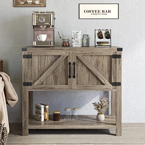HOMBCK Farmhouse Coffee Bar Cabinets With Doors And Shelves, White Buffet Cabinet Bar Cabinet With Storage, Small Coffee Bar With Barn Door For Dining Room, Console Table, Entryway Table, White 7 HOMBCK Farmhouse Coffee Bar Cabinets With Doors And Shelves, White Buffet Cabinet Bar Cabinet With Storage, Small Coffee Bar With Barn Door For Dining Room, Console Table, Entryway Table, White - Image 7