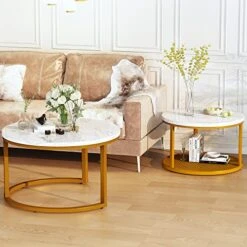 AWQM Nesting Coffee Table Set Of 2, Round End Table Modern Stacking Side Table With Faux Marble Top And Metal Frame For Living Room, Bedroom And Balcony, White -Best Furniture Store 51nmhgfbzjL