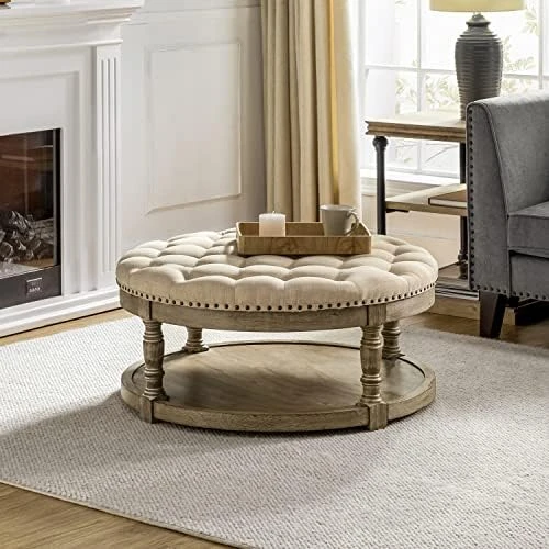 HULALA HOME Large Square Ottoman Coffee Table For Living Room, Button Tufted Cocktail Ottoman With Shelf & Solid Wood Legs, Upholstered Farmhouse Footrest Stool, Beige 5 HULALA HOME Large Square Ottoman Coffee Table For Living Room, Button Tufted Cocktail Ottoman With Shelf & Solid Wood Legs, Upholstered Farmhouse Footrest Stool, Beige - Image 5