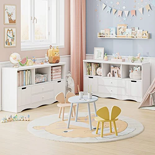 FOTOSOK 51.2" Large Toy Storage Organizer With 2 Drawers And 3 Cubbies, Toy Organizers And Storage For Books Or Dolls, Kids Bookshelf And Toy Storage For Playroom, Storage Cabinet For Nursery, White 4 FOTOSOK 51.2" Large Toy Storage Organizer With 2 Drawers And 3 Cubbies, Toy Organizers And Storage For Books Or Dolls, Kids Bookshelf And Toy Storage For Playroom, Storage Cabinet For Nursery, White - Image 4