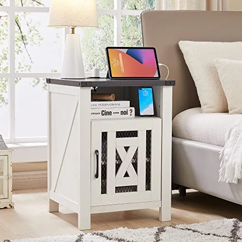 JXQTLINGMU End Table With Charging Station, Beside Table With Stroage Cabinet And Open Storage For Livingroom, White 3 JXQTLINGMU End Table With Charging Station, Beside Table With Stroage Cabinet And Open Storage For Livingroom, White - Image 3