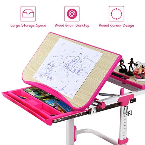 ARLIME Kids Desk And Chair Set, Height Adjustable Children Study Desk W/Tilt Desktop, Pull Out Storage Drawer & Metal Hook, Kids Study Desk And Chair Set For Boys & Girls (Pink) 3 ARLIME Kids Desk And Chair Set, Height Adjustable Children Study Desk W/Tilt Desktop, Pull Out Storage Drawer & Metal Hook, Kids Study Desk And Chair Set For Boys & Girls (Pink) - Image 3