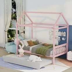 Harper & Bright Designs Twin House Bed With Trundle Bed, Wood Twin Size Daybed For Girls Boys,Kids Platform Bed Frame With Roof Twin Cabin Bed For Bedroom,Pink+White 19 Harper & Bright Designs Twin House Bed With Trundle Bed, Wood Twin Size Daybed For Girls Boys,Kids Platform Bed Frame With Roof Twin Cabin Bed For Bedroom,Pink+White -Best Furniture Store 51oShI FCHL. AC