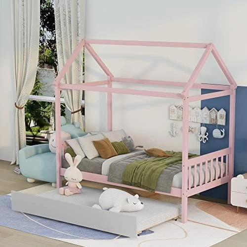 Harper & Bright Designs Twin House Bed With Trundle Bed, Wood Twin Size Daybed For Girls Boys,Kids Platform Bed Frame With Roof Twin Cabin Bed For Bedroom,Pink+White 5 Harper & Bright Designs Twin House Bed With Trundle Bed, Wood Twin Size Daybed For Girls Boys,Kids Platform Bed Frame With Roof Twin Cabin Bed For Bedroom,Pink+White - Image 5