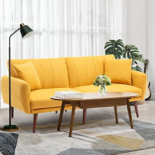 BNEHS Convertible Sofa Bed With Adjustable Backrest,Futon Loveseat Couch Bed With Wooden Frame & Leg - Modern Sleeper Sofa With Storage For Small Living Room,Dorm,Studio(Yellow) 4 BNEHS Convertible Sofa Bed With Adjustable Backrest,Futon Loveseat Couch Bed With Wooden Frame & Leg - Modern Sleeper Sofa With Storage For Small Living Room,Dorm,Studio(Yellow) - Image 4