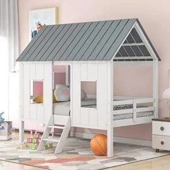 GLORHOME Twin Size Low Loft Bed House Bedframe With Roof And 2 Windows,Wood Slat Support, Fun Bedroom Furniture For Kids, White 27 GLORHOME Twin Size Low Loft Bed House Bedframe With Roof And 2 Windows,Wood Slat Support, Fun Bedroom Furniture For Kids, White -Best Furniture Store 51p97eIrnMS. AC
