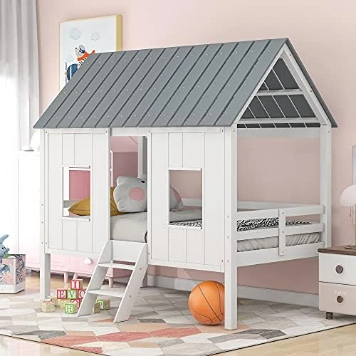 GLORHOME Twin Size Low Loft Bed House Bedframe With Roof And 2 Windows,Wood Slat Support, Fun Bedroom Furniture For Kids, White 13 GLORHOME Twin Size Low Loft Bed House Bedframe With Roof And 2 Windows,Wood Slat Support, Fun Bedroom Furniture For Kids, White - Image 13