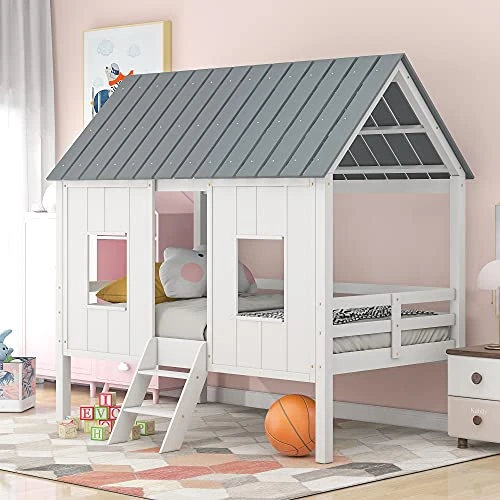 GLORHOME Twin Size Low Loft Bed House Bedframe With Roof And 2 Windows,Wood Slat Support, Fun Bedroom Furniture For Kids, White 1 GLORHOME Twin Size Low Loft Bed House Bedframe With Roof And 2 Windows,Wood Slat Support, Fun Bedroom Furniture For Kids, White