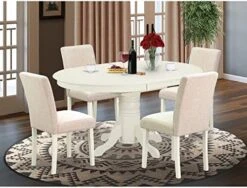 East West Furniture AVAB5-OAK-04 5Pc Oval 42/60" Table With 18 In Self Storing Butterfly Leaf And 4 Parson Chair With Oak Leg And Linen Fabric Light Fawn, 5 -Best Furniture Store 51pKMvhL3oL. AC