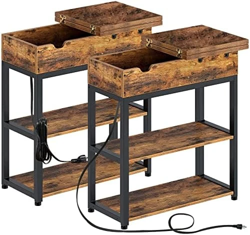 Rolanstar End Table With Charging Station, Narrow Nightstand, Flip Top Side Table With USB Ports And Storage Shelves For Small Spaces, Living Room, Bedroom (Rustic Brown) 7 Rolanstar End Table With Charging Station, Narrow Nightstand, Flip Top Side Table With USB Ports And Storage Shelves For Small Spaces, Living Room, Bedroom (Rustic Brown) - Image 7