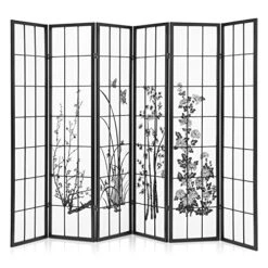 Partition Room Divider Wood Floral Room Divider With 6-Panel 5.7ft Portable Freestanding Privacy Partition Shoji Screen For Home Office Bedroom Separation, Black