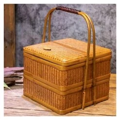 DOUBAO Vintage Large Double-layer Basket Tea Set Storage Box Handwoven Vintage Environmental Basket