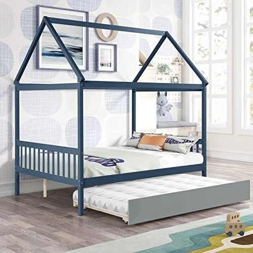 Harper & Bright Designs Twin House Bed With Trundle Bed, Wood Twin Size Daybed For Girls Boys,Kids Platform Bed Frame With Roof Twin Cabin Bed For Bedroom,Pink+White 14 Harper & Bright Designs Twin House Bed With Trundle Bed, Wood Twin Size Daybed For Girls Boys,Kids Platform Bed Frame With Roof Twin Cabin Bed For Bedroom,Pink+White - Image 14