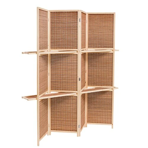 THY COLLECTIBLES Freestanding Wood Frame Woven Bamboo 4 Panels Hinged Privacy Panel Screen Partition Wall With 2 Display Shelves Holding Room Divider With Shelves-Bamboo (Brown) 1 THY COLLECTIBLES Freestanding Wood Frame Woven Bamboo 4 Panels Hinged Privacy Panel Screen Partition Wall With 2 Display Shelves Holding Room Divider With Shelves-Bamboo (Brown)
