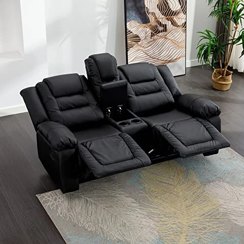 Harper & Bright Designs Recliner Loveseat Sofa, PU Leather Luxurious Living Room 2-Seat Couch, Home Theater Seating Manual Recliner With Center Console, Black 2 Harper & Bright Designs Recliner Loveseat Sofa, PU Leather Luxurious Living Room 2-Seat Couch, Home Theater Seating Manual Recliner With Center Console, Black - Image 2
