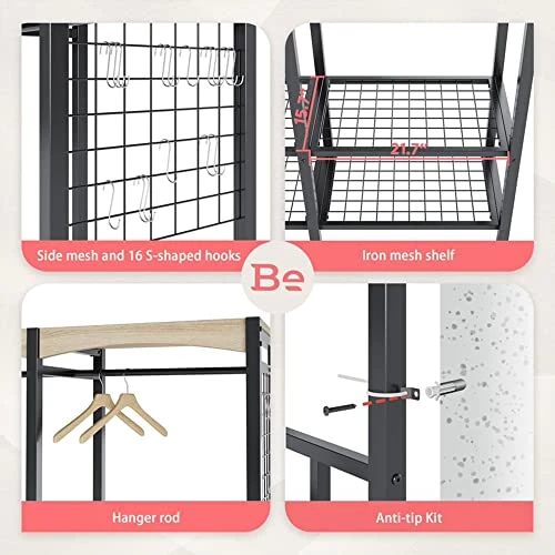 Metal Freestanding Wardrobe Storage Unit With Wooden Top Shelf And Built In Color Changing Lights With 7 Colors And 20 Dynamic Modes, Black 2 Metal Freestanding Wardrobe Storage Unit With Wooden Top Shelf And Built In Color Changing Lights With 7 Colors And 20 Dynamic Modes, Black - Image 2