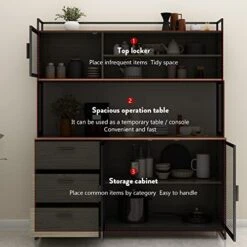 AIEGLE Large Kitchen Hutch Storage Cabinet, Pantry Cabinets With Hutch, Metal Frame Cupboard With Mesh Door, Drawer & Microwave Shelf, Freestanding Kitchen Storage, Rustic (59" W X 15.7" D X 68.5" H) -Best Furniture Store 51q4836eVSL