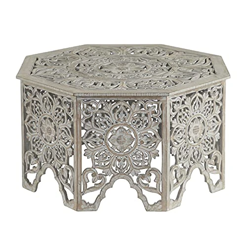 Deco 79 Wood Floral Handmade Intricately Carved Coffee Table With Hollow Interior, 33" X 33" X 18", Light Gray 2 Deco 79 Wood Floral Handmade Intricately Carved Coffee Table With Hollow Interior, 33" X 33" X 18", Light Gray - Image 2