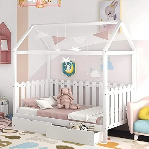 Harper & Bright Designs Twin House Bed With Trundle Bed, Wood Twin Size Daybed For Girls Boys,Kids Platform Bed Frame With Roof Twin Cabin Bed For Bedroom,Pink+White 13 Harper & Bright Designs Twin House Bed With Trundle Bed, Wood Twin Size Daybed For Girls Boys,Kids Platform Bed Frame With Roof Twin Cabin Bed For Bedroom,Pink+White - Image 13