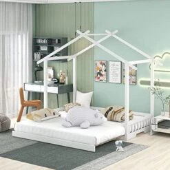 MERITLINE Twin Size House Bed With Roof, Low Loft Bed With Two Front Windows, Playhouse Bed Frame For Kids, Teens, Boys & Girls (White&Brown) -Best Furniture Store 51q9wGATFfL. AC 1