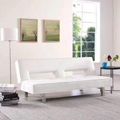 Naomi Home White Futon Sofa Bed, Faux Leather Futon Couch With Armrest And 2 Cupholders, Pull Out Sofa Bed Couch With Metal Legs, Reclining Small Couch Bed, White Futon Sofa Bed For Living Room -Best Furniture Store 51qB2bi21QL. AC