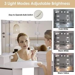 Corner Vanity Desk With Lighted Mirror & Power Strip,White Makeup Vanity Table With Lights,42 Inch Corner Vanity Mirror With Lights And 4 Drawer, 3 Lighting Modes, Brightness Adjustable 15 Corner Vanity Desk With Lighted Mirror & Power Strip,White Makeup Vanity Table With Lights,42 Inch Corner Vanity Mirror With Lights And 4 Drawer, 3 Lighting Modes, Brightness Adjustable -Best Furniture Store 51qRVkF8q7L