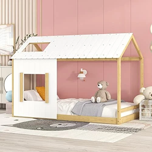 HZSSDTKJ Twin Size Low Wood House Bed With Roof And Window,Wooden Floor Platform Bed Frame With Wood Slats Support,Playhouse Design For Kids Girls Boys Teens Bedroom Furniture (Gray+Natural, Twin) 7 HZSSDTKJ Twin Size Low Wood House Bed With Roof And Window,Wooden Floor Platform Bed Frame With Wood Slats Support,Playhouse Design For Kids Girls Boys Teens Bedroom Furniture (Gray+Natural, Twin) - Image 7