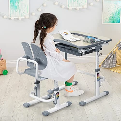 GLACER Height-Adjustable Kids Desk & Chair Set, Children Study Desk With 45-Degree Tilted Desktop, Anti-Pinch Plug, Hook, Pull-Out Storage Drawer, Suitable For 3-14 Years Old Kids (Gray) 2 GLACER Height-Adjustable Kids Desk & Chair Set, Children Study Desk With 45-Degree Tilted Desktop, Anti-Pinch Plug, Hook, Pull-Out Storage Drawer, Suitable For 3-14 Years Old Kids (Gray) - Image 2