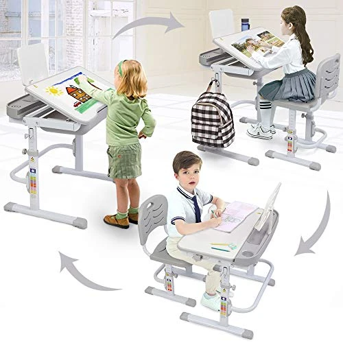 METTE Lightweight Kids Desk And Chair Sets, Height Adjustable Children Writing Table, Built-in Drawer Storage, Kids Study Table With Tilted Desktop, For Boys & Girls,Gray 2 METTE Lightweight Kids Desk And Chair Sets, Height Adjustable Children Writing Table, Built-in Drawer Storage, Kids Study Table With Tilted Desktop, For Boys & Girls,Gray - Image 2