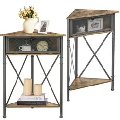 VECELO Cabinet/Table, 3-Tier Display Shelves With Protection Door, Metal Frame Storage Shelf Organizer For Small Space, Living Room, Kitchen, Bathroom, Set Of 2, Grey+Black