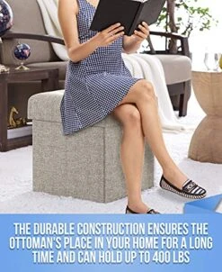 Ornavo Home Foldable Tufted Linen Storage Ottoman Square Cube Foot Rest Stool/Seat - 15" X 15" X 15" (Beige) -Best Furniture Store 51qySzo4NyS