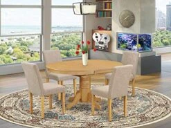East West Furniture AVAB5-OAK-04 5Pc Oval 42/60" Table With 18 In Self Storing Butterfly Leaf And 4 Parson Chair With Oak Leg And Linen Fabric Light Fawn, 5
