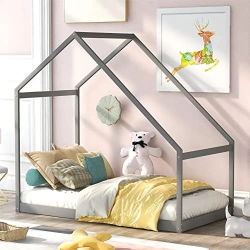 Harper&Bright Designs House Bed Full Size For Kids ,Wooden House Floor Bed , Simplistic Kids House Full Bed Frame For Toddlers, Girls, Boys ,Box Spring Needed,Grey 8 Harper&Bright Designs House Bed Full Size For Kids ,Wooden House Floor Bed , Simplistic Kids House Full Bed Frame For Toddlers, Girls, Boys ,Box Spring Needed,Grey - Image 8