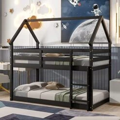 Harper & Bright Designs Low Bunk Bed Twin Over Twin House Bunk Bed Frame For Kids Girls Boys (Twin Size, White) -Best Furniture Store 51rLyRxONcL. AC