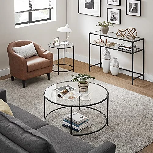 VASAGLE 39.4 Inch Console Sofa Table, Modern Entryway Table, Tempered Glass Table, Metal Frame, 2 Shelves, Adjustable Feet, For Living Room, Hallway, Black ULGT025B01 5 VASAGLE 39.4 Inch Console Sofa Table, Modern Entryway Table, Tempered Glass Table, Metal Frame, 2 Shelves, Adjustable Feet, For Living Room, Hallway, Black ULGT025B01 - Image 5